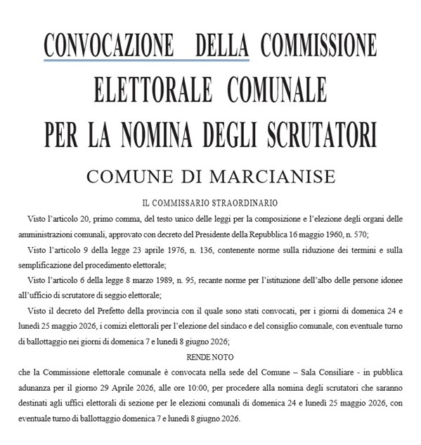 Convocazione  Della Commissione
Elettorale Comunale
Per La Nomina Degli Scrutatori
